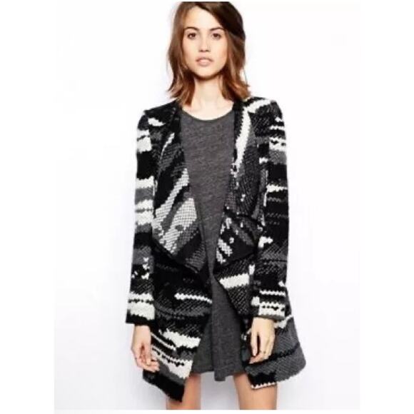 Anthropologie Guest Editor Wool Sweater Coat Womens S Black‎ White Aztec Cascade - Picture 2 of 9